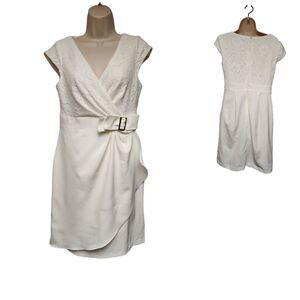 STUDIO ONE Off-White V-Neck Sleeveless Faux Wrap Sheath Dress Size 8